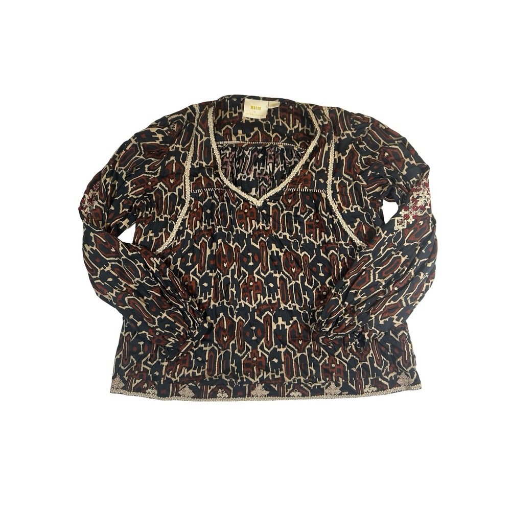 Maeve Anthropologie Ikat Embroidered Blouse Black Brown Modal Boho Top Small